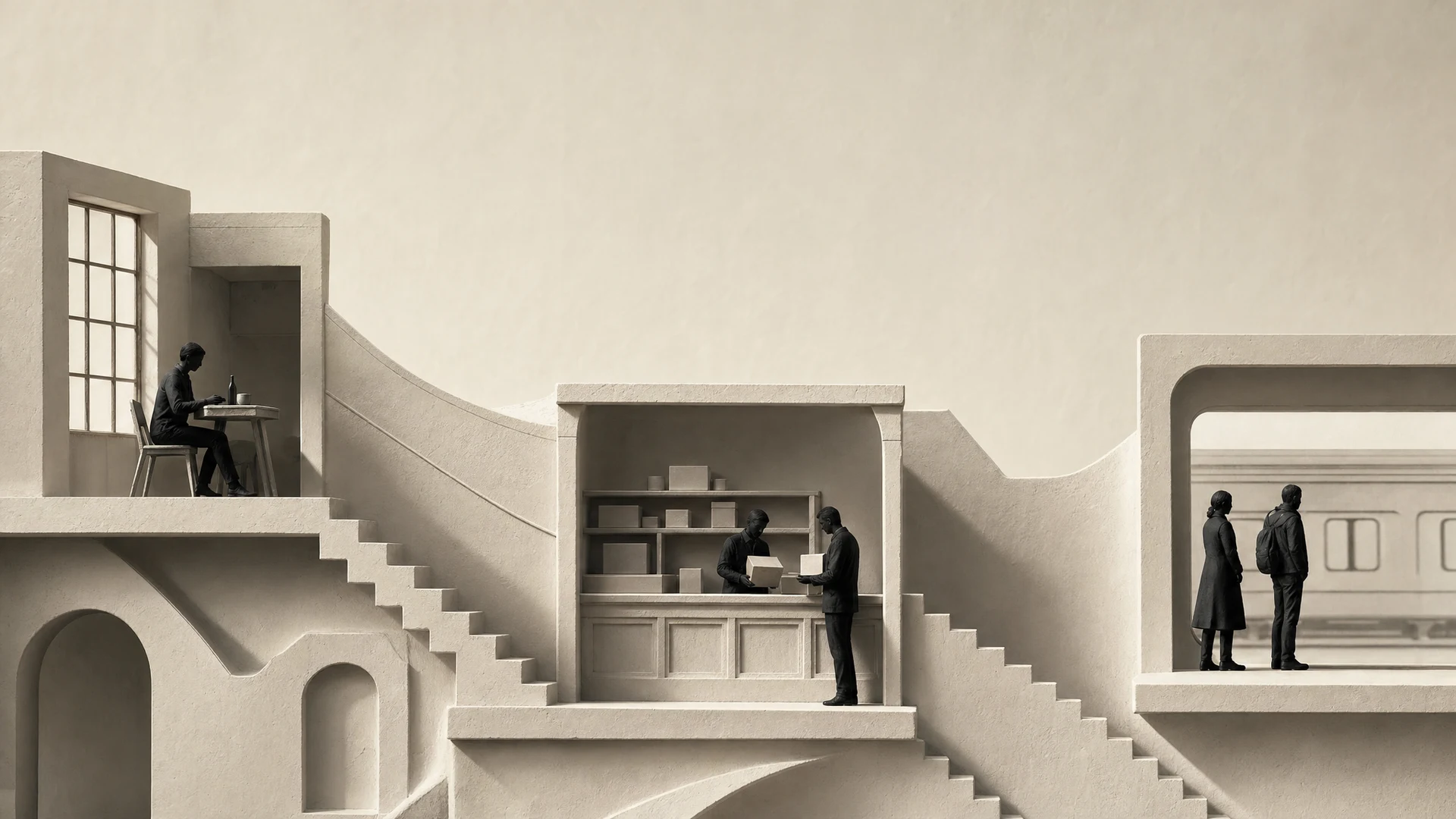 An ivory architectural landscape connects a person at breakfast, a conversation at a shop and passengers on a platform.